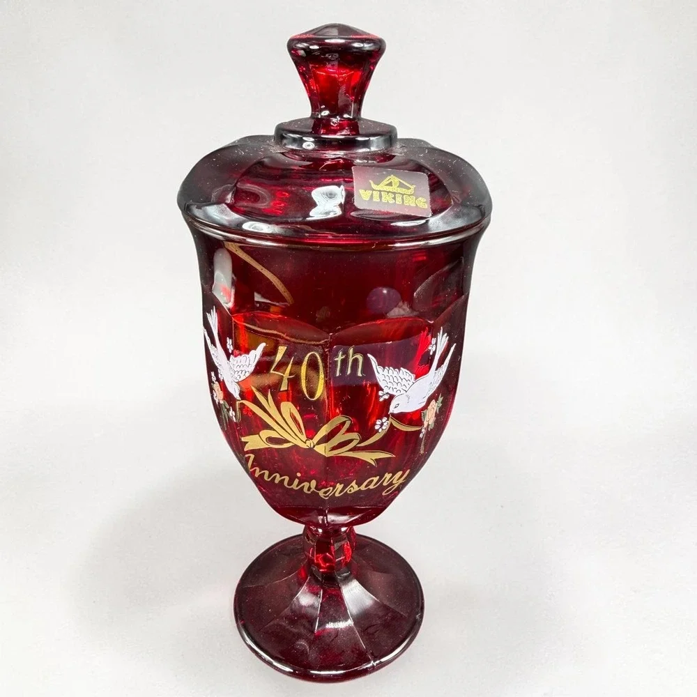 Viking Glass Ruby Red 40th Anniversary Candy Dish with Lid Doves Vintage 9 inch